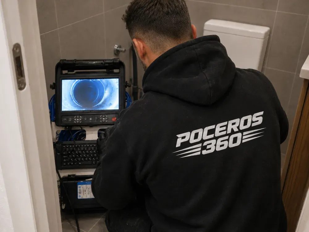 Técnico de Poceros360 en el baño de una vivienda, mirando en el monitor de la cámara el interior de una tubería