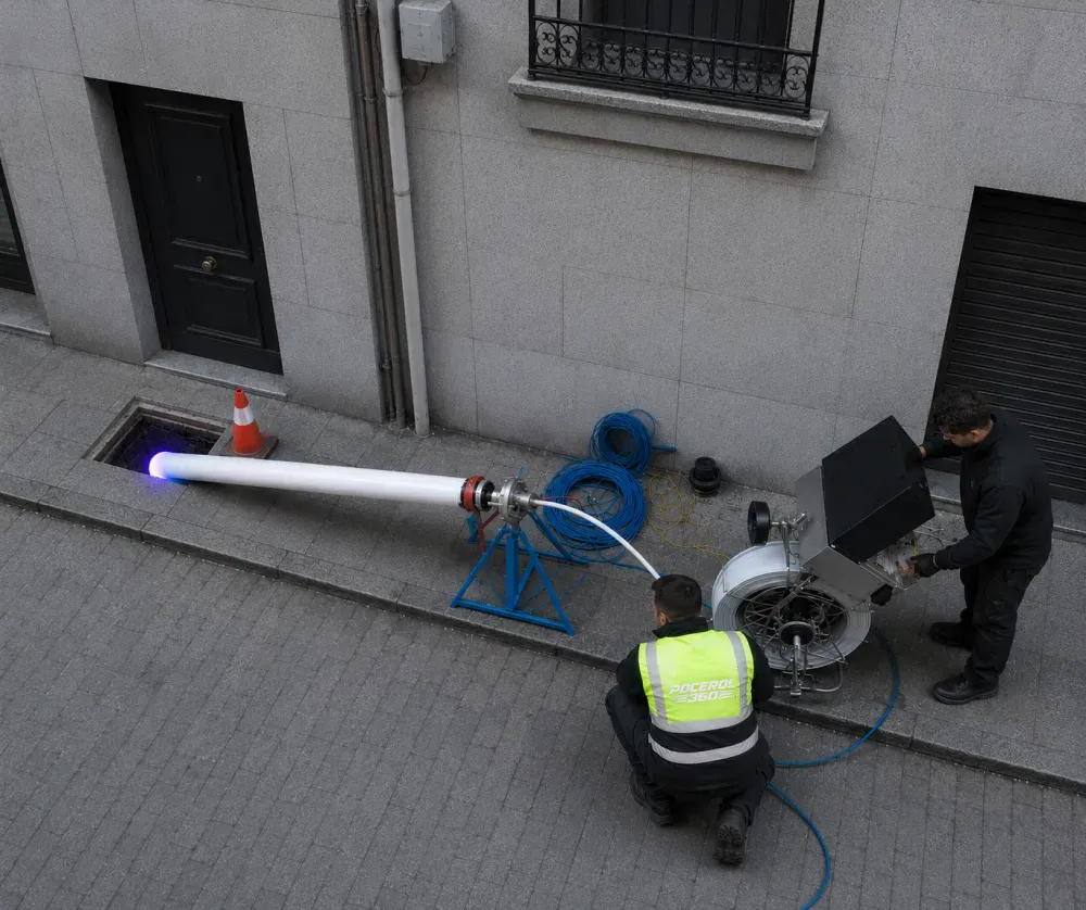 Manga de rehabilitación de tuberías iluminada por el equipo de curado, tendida en la acera junto a la arqueta abierta